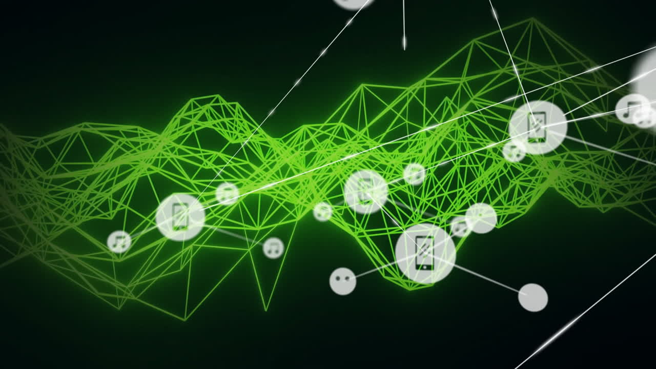 Music icons in geometric network with green lines on dark background animation