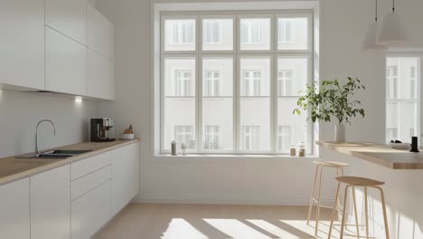 modern minimalist white kitchen with large window