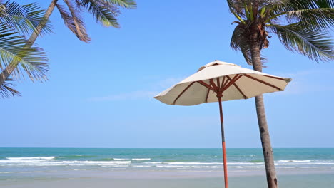 one white sun umbrellas on tropical exotic beach with palm trees and sea in background