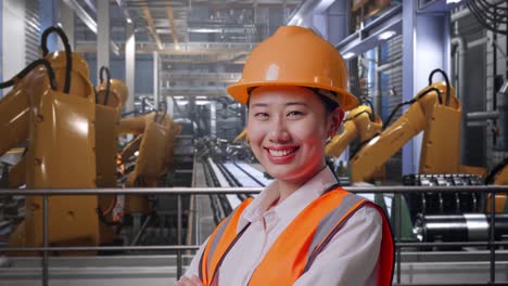 close up side view of asian female engineer with safety helmet crossing her arms and smiling to camera while standing with industrial robotic arms working