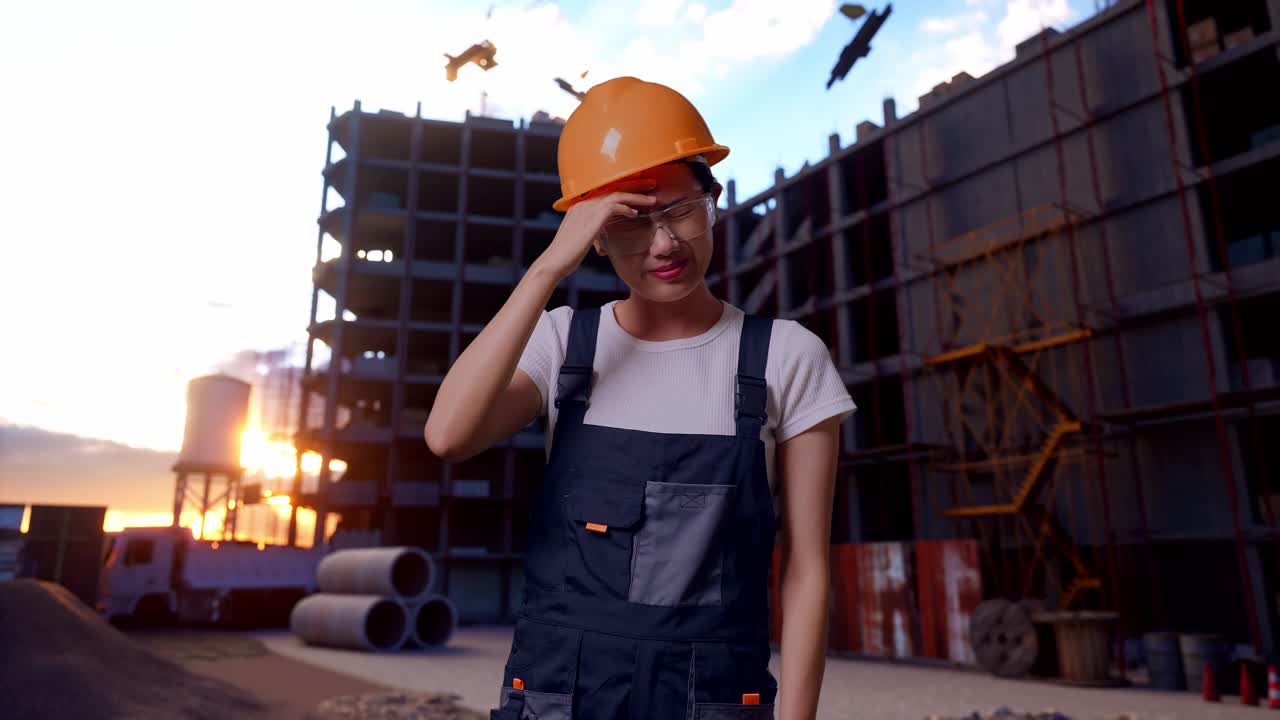 trabajadora asiática con gafas de protección y casco de seguridad con dolor de cabeza mientras está de pie en el sitio de construcción