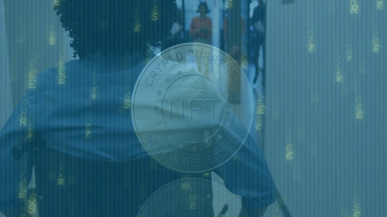 woman in wheelchair navigating corridor, with floating NFT coin and glowing cryptocurrency symbols