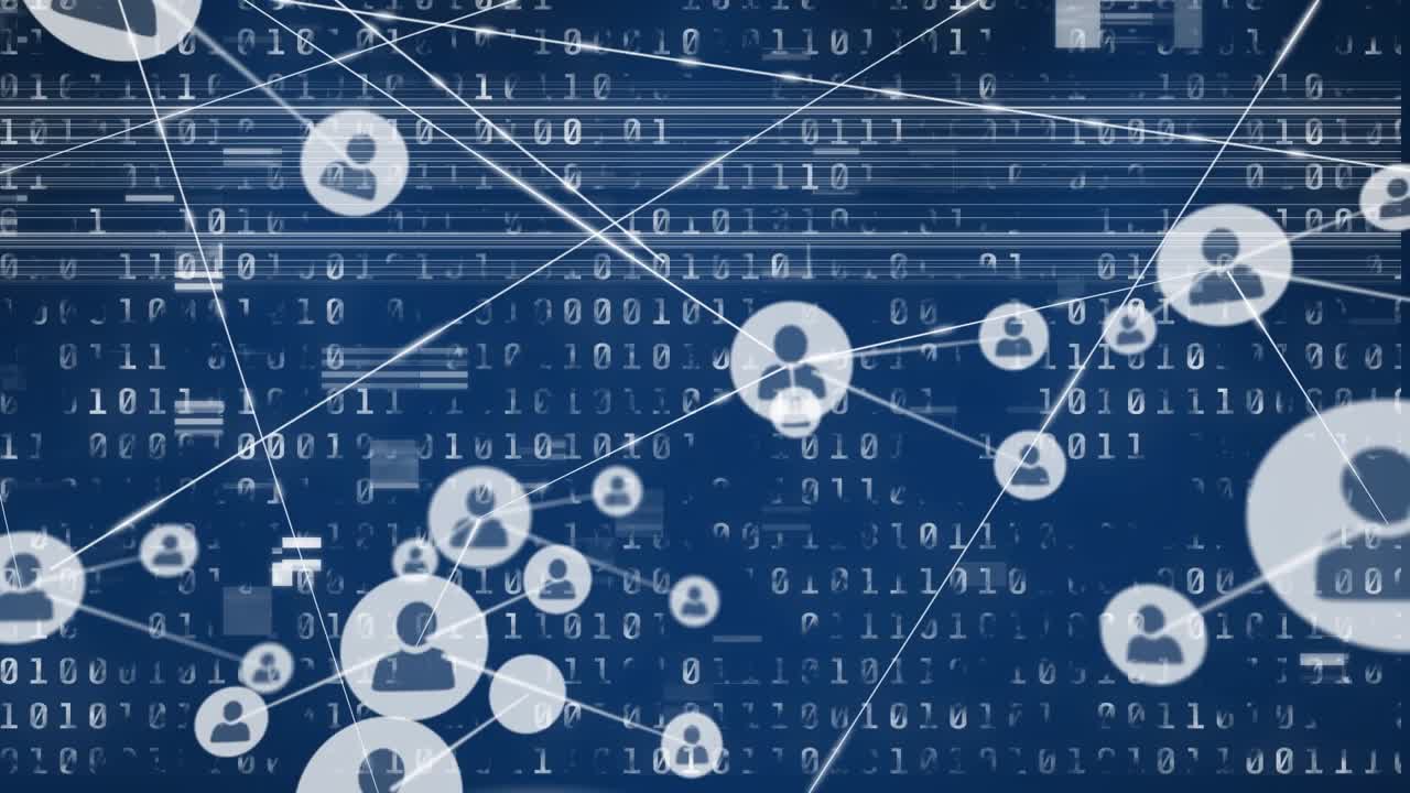 Animation of glitch effect over network of profile icons and binary coding against blue background
