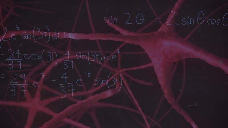 Animation of mathematical equations over neurons on black background