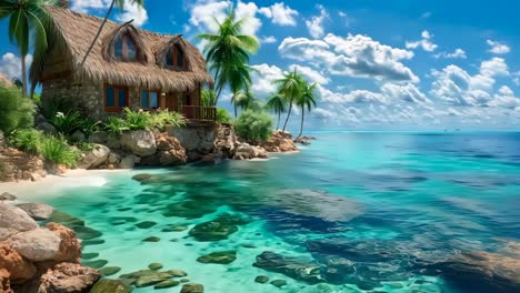 a house on a tropical island in the middle of the ocean