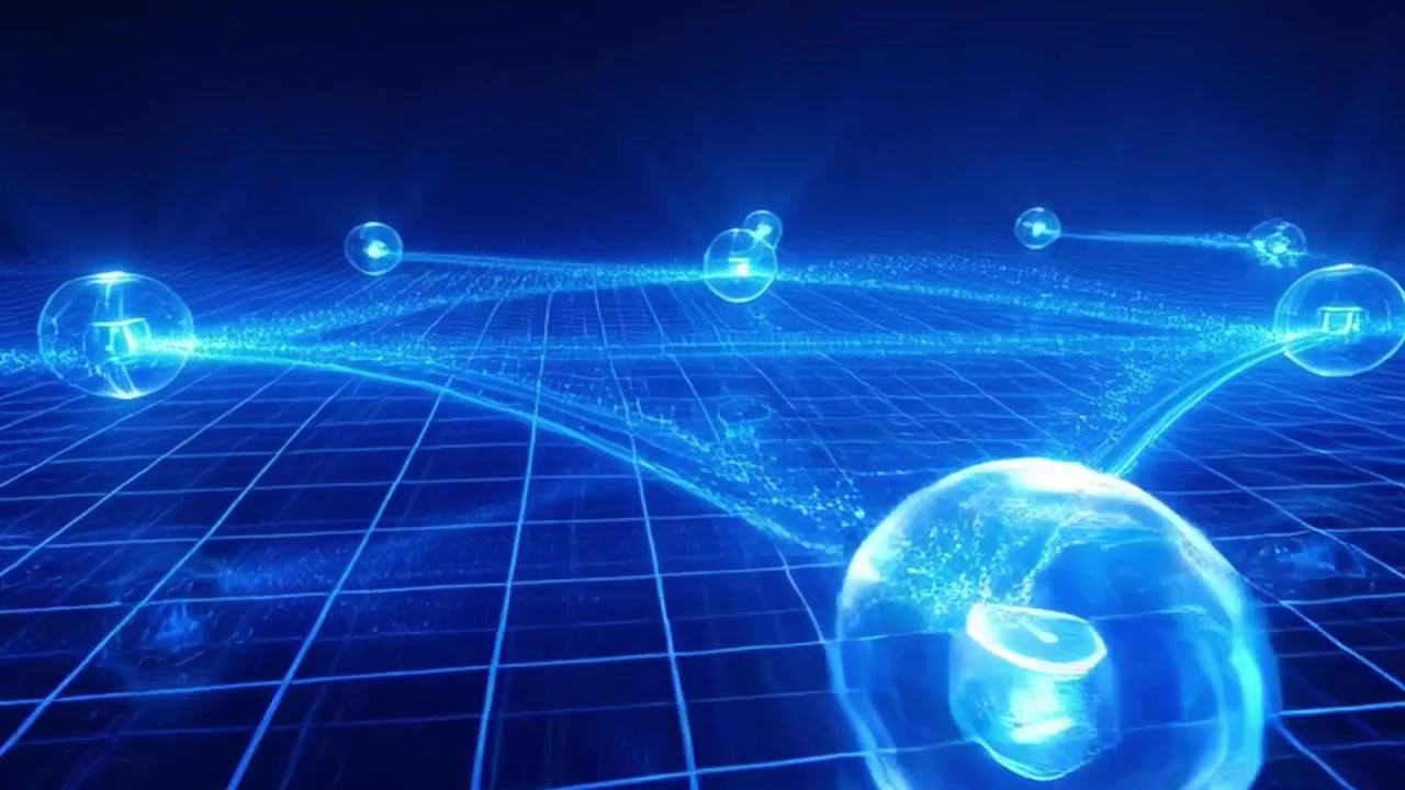 Digital Network Nodes Connecting on a Glowing Blue Grid