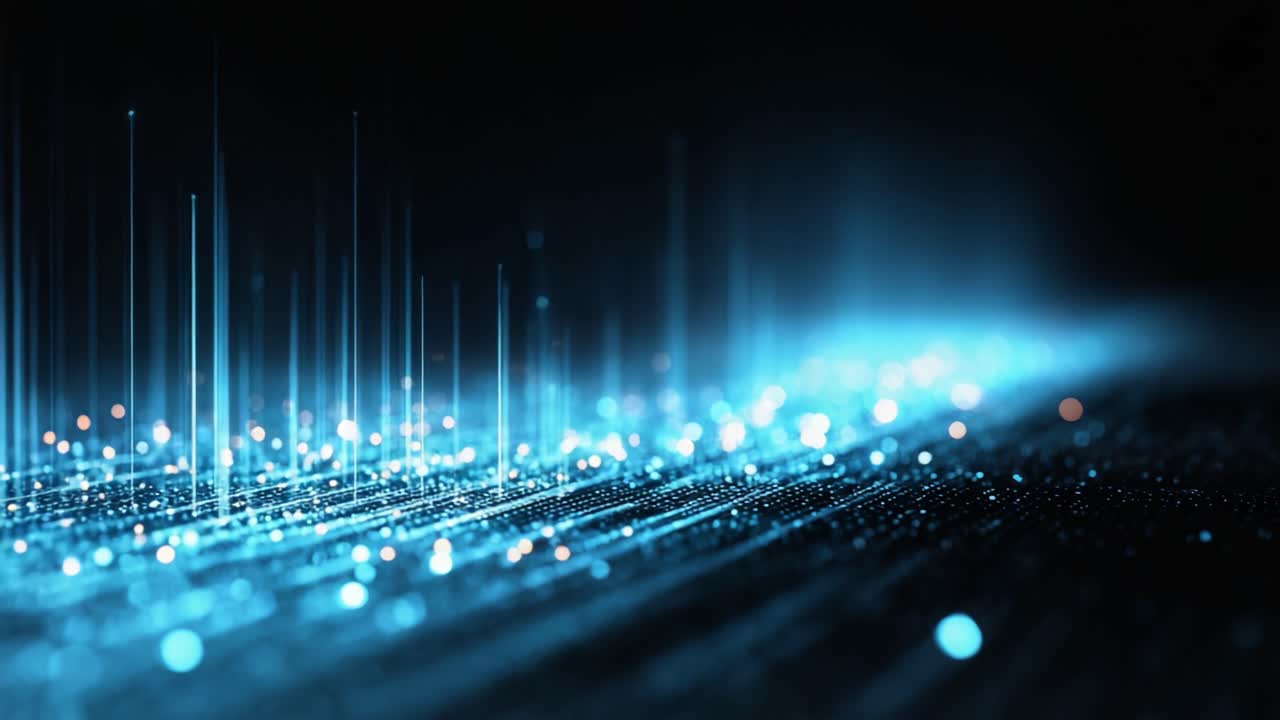 En fengslende visuell fremstilling av glitrende lyspartikler som skaper dynamiske bølger, og fremkaller essensen av teknologisk fremskritt og datarepresentasjon på en fengslende måte