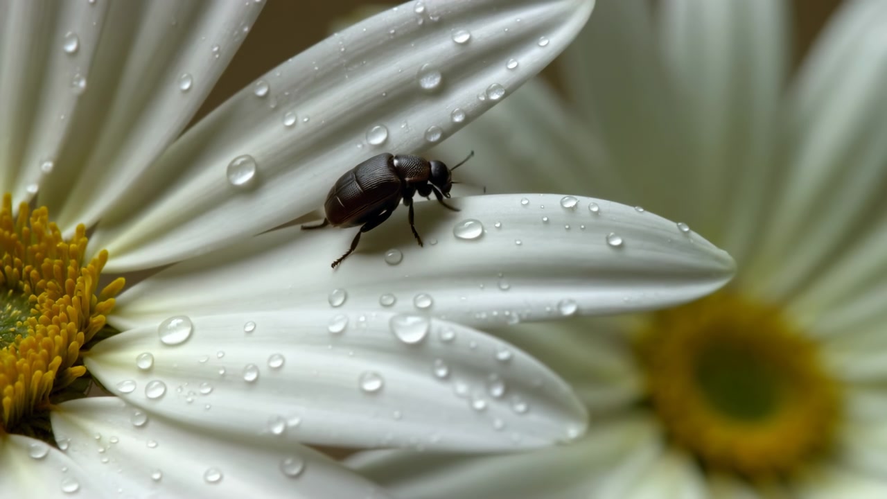Primo piano macro di un piccolo scarabeo nero su un petalo di margherita bianca con goccioline d'acqua, su uno sfondo floreale delicatamente sfocato alla luce naturale del giorno.