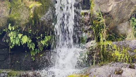 Cinematic-close-up-booming-down-shot-of-a-fast-moving-waterfall-on-the-Waimea-Canyon-Lookout-Trail-in-Kaua'i,-Hawai'i