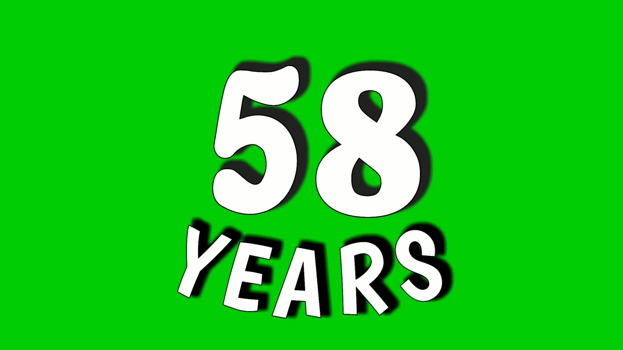 Animazione testuale di 58 anni, motion graphics su schermo verde. Concetto di celebrazione, anniversario, compleanno dei cinquantotto anni. Sfondo chroma key.