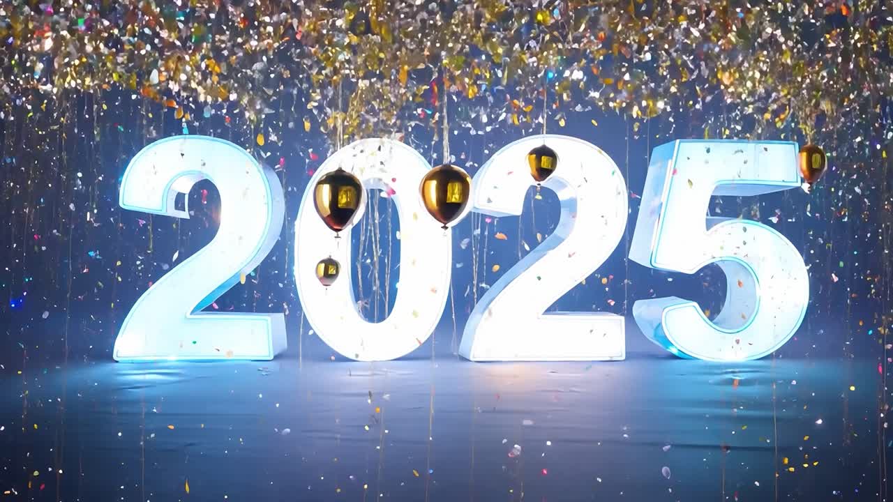 Luminous 2025 sign changes colors as balloons and confetti fall around it, perfect for new year's eve celebrations and future themed projects