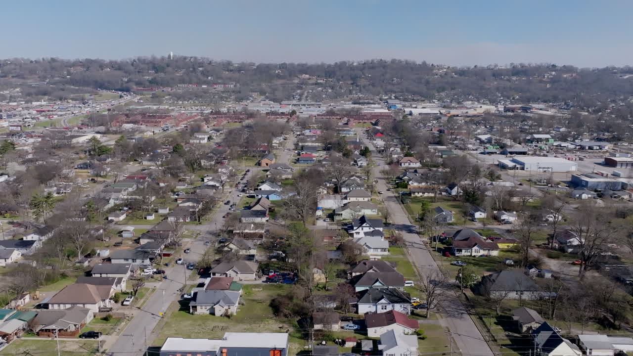 Aerial footage birds eye view of a neighborhood in Chattanooga, TN in the spring.