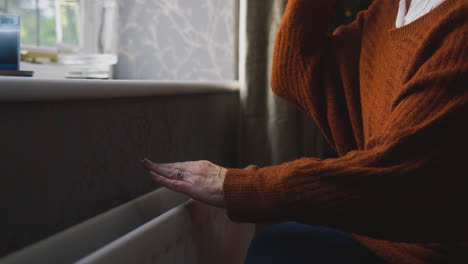 un primer plano de una anciana con una bebida caliente tratando de mantenerse caliente con el radiador en casa en una crisis de energía.