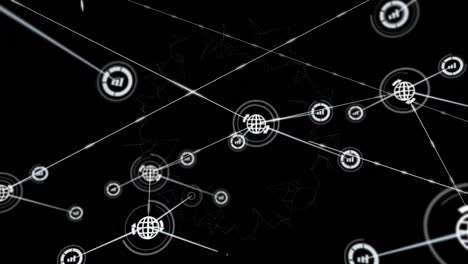 Animation-of-network-of-connections-with-icons-on-black-background