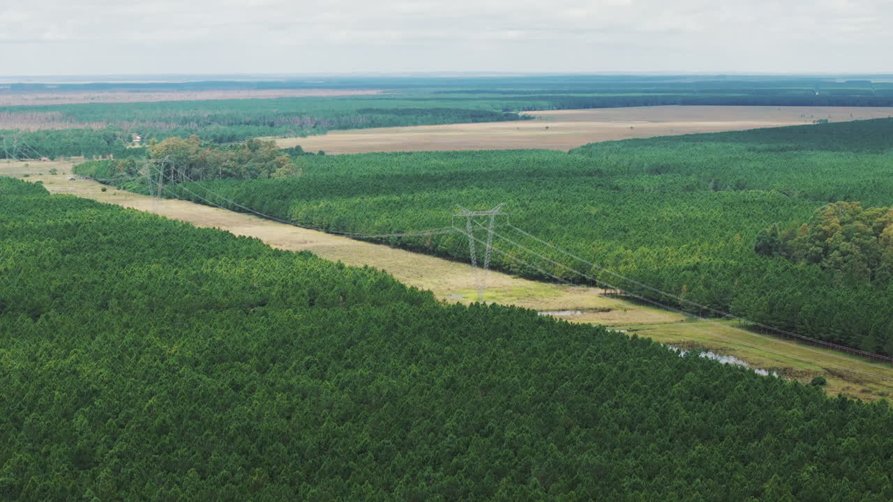 Drone approaching high-voltage towers in Corrientes, Argentina