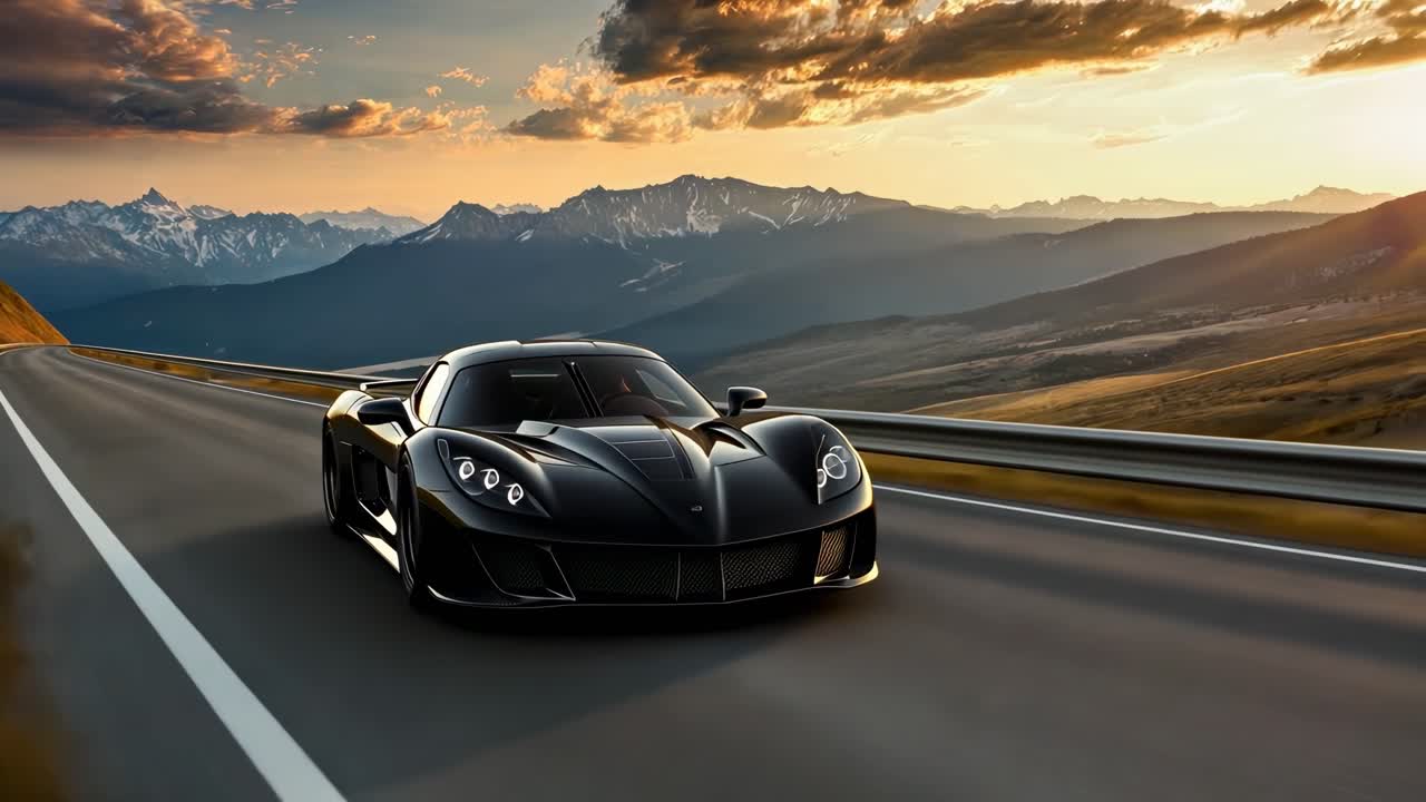 A sleek sports car speeds along a mountain road at sunset