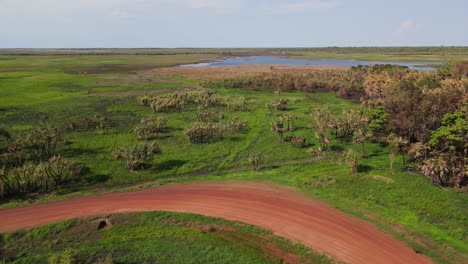 Disparo-De-Dron-En-Movimiento-Lento-De-Carretera-Roja-Y-Matorrales-Verdes-Y-Agua-Cerca-Del-Parque-Natural-De-La-Jungla-De-Holmes,-Darwin,-Territorio-Del-Norte