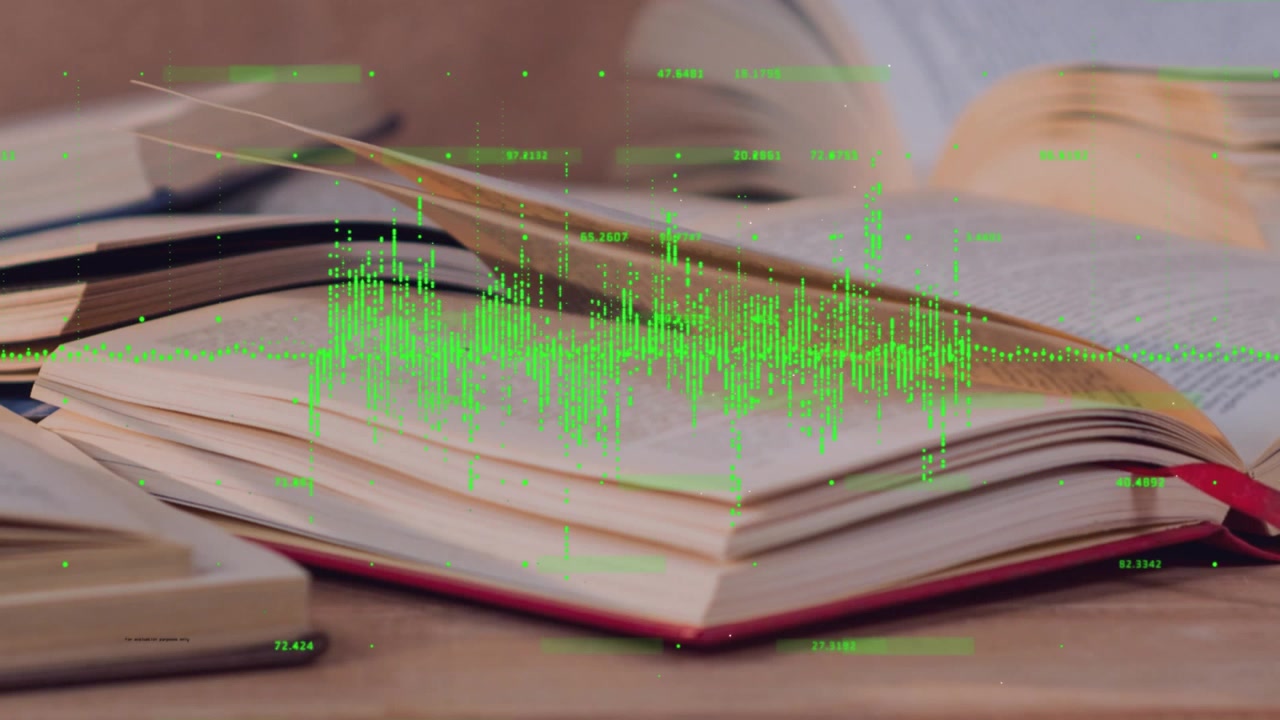 Opening red notebook causing waveform pulsing and drifting over pages showing data change