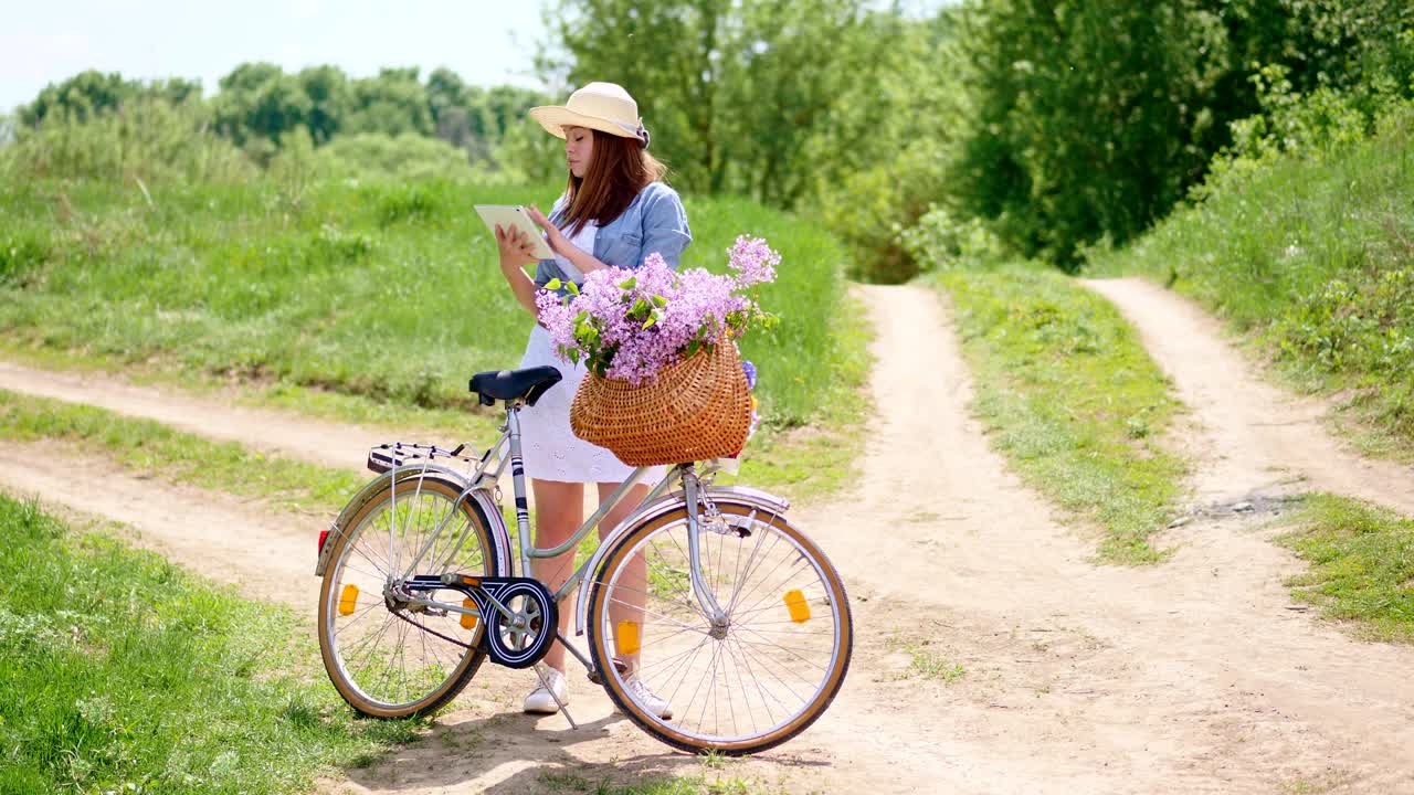 젊은 여성은 자연에서 디지털 태블릿을 사용합니다.