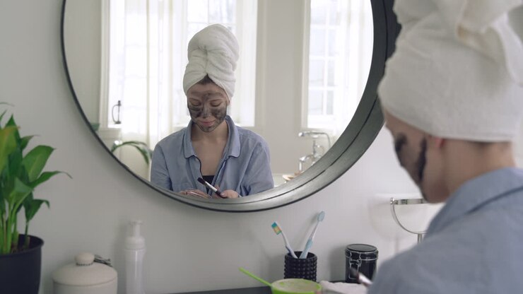Donna che applica una maschera viso guardandosi allo specchio