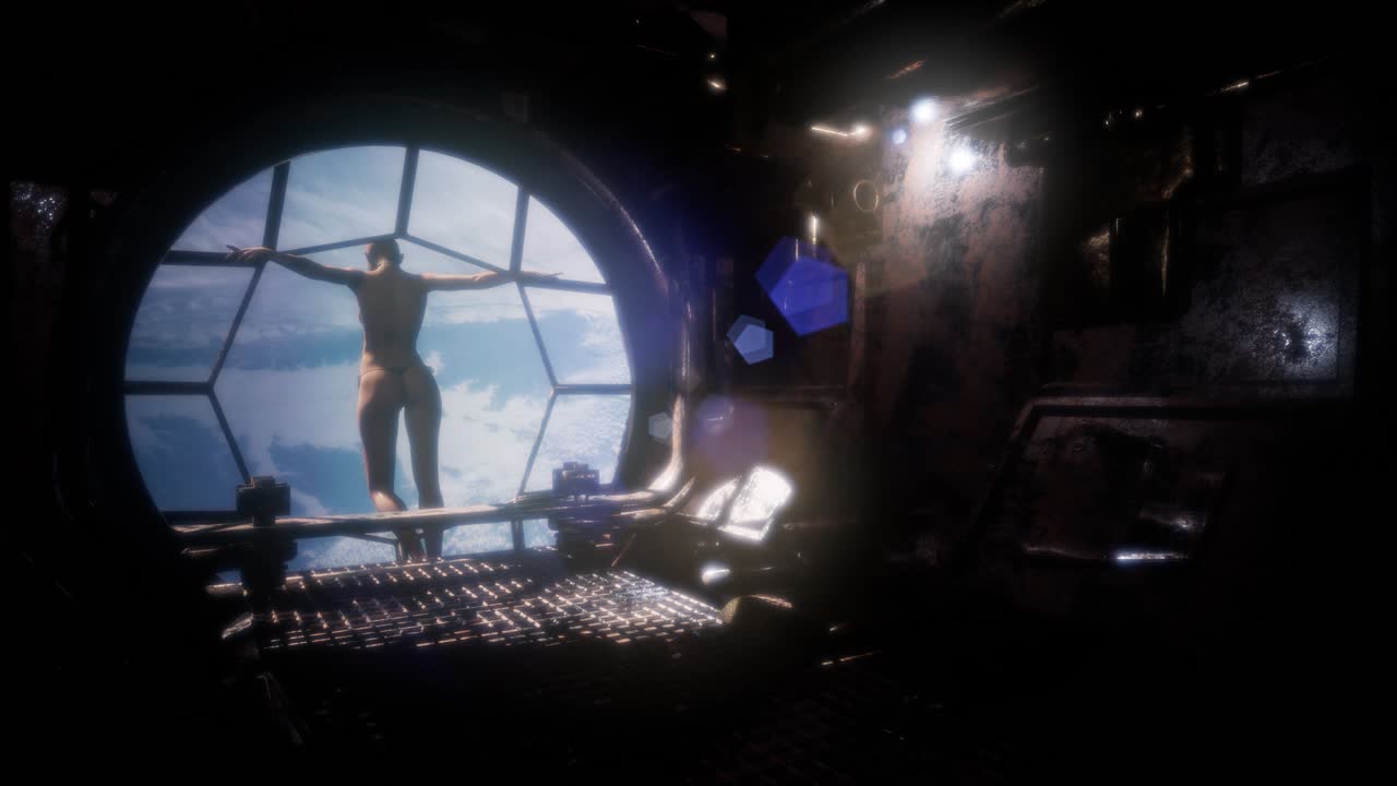 mujer observando la tierra desde las ventanas de la estación espacial tierra azul y nubes