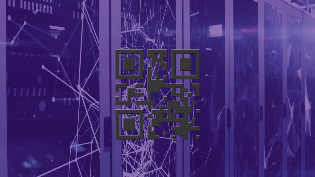 animación del código qr y la red de conexiones a través de la sala de servidores