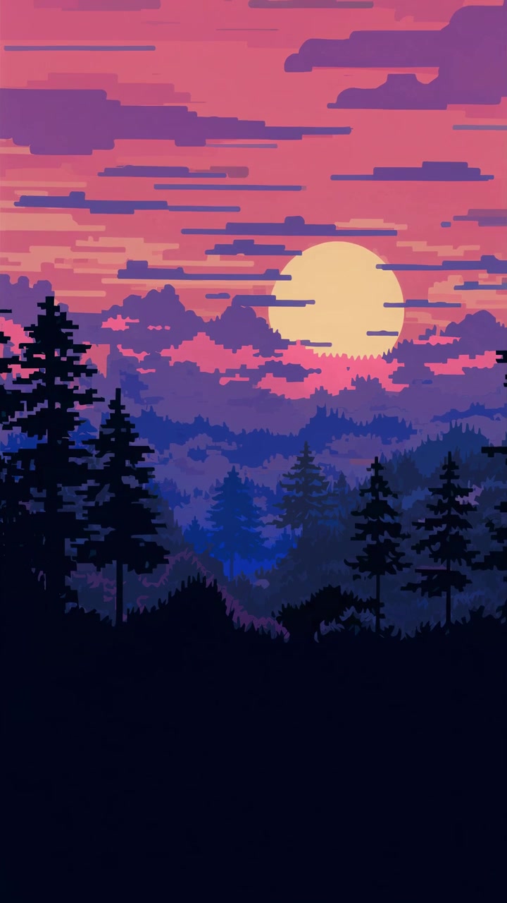 Paesaggio al tramonto in pixel art vivace con nuvole animate