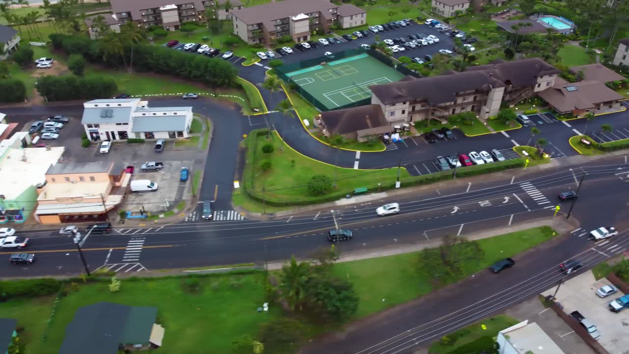 Aerial view of Kapaa Town in Kauai, Hawaii. Kuhio Highway, Pono kai beach resort aerial view during day