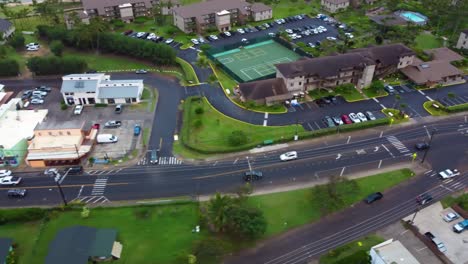aerial view of kapaa town in kauai, hawaii. kuhio highway, pono kai beach resort aerial view during day