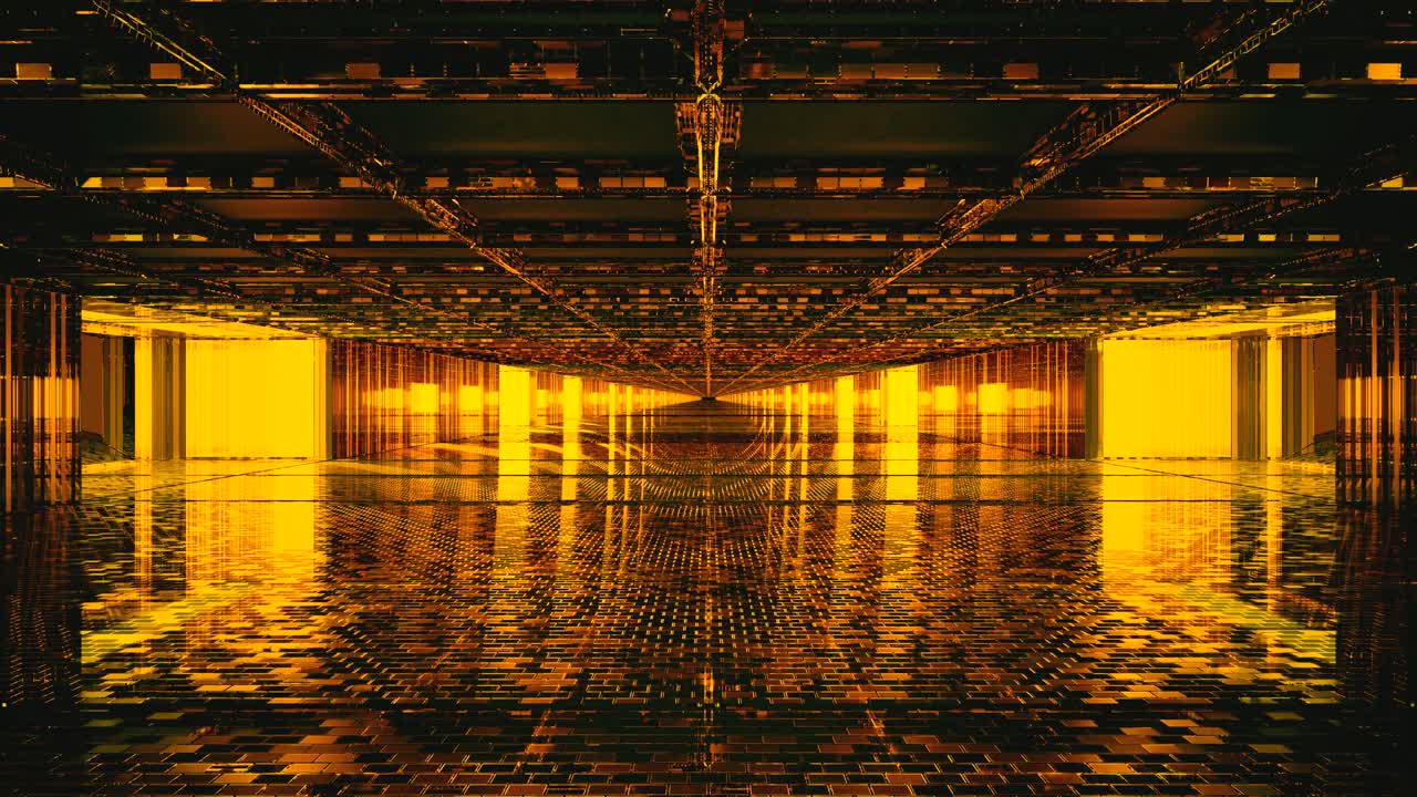 A captivating endless tunnel features vibrant orange hues and smooth reflective surfaces. The seamless loop creates an immersive experience of depth and movement, ideal for a screensaver