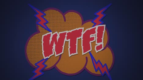 animación de un banner de texto wtf sobre una burbuja de discurso retro contra un fondo azul