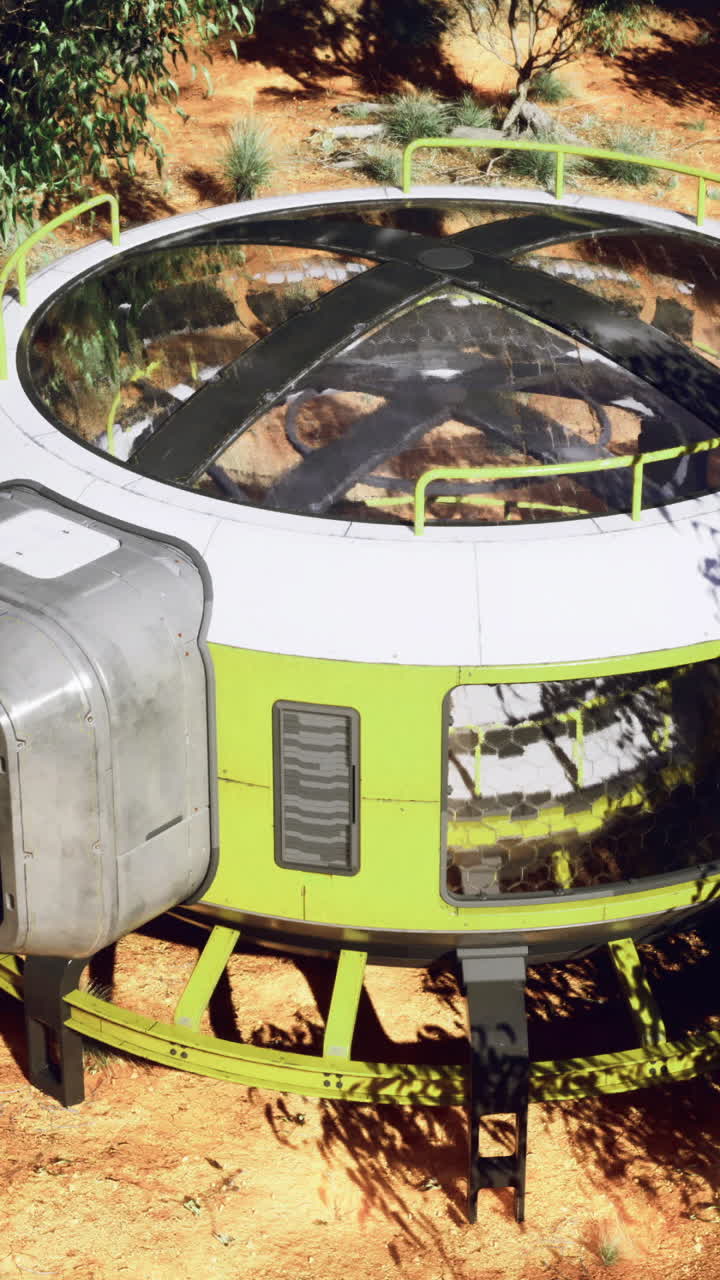 Futuristic pod house situated in arid landscape under bright sunlight