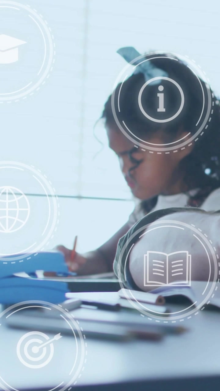 Animated education icons appearing, student leaning and writing in notebook with pencils, studying