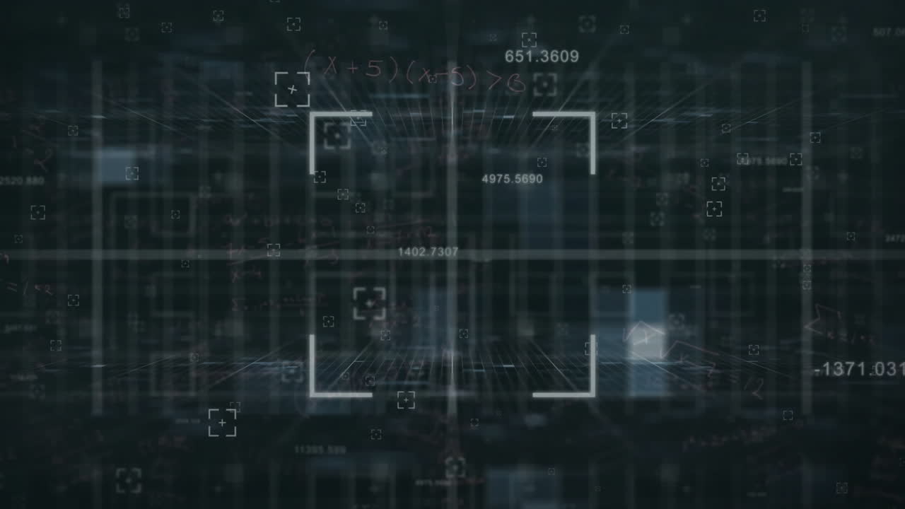 Digital data and mathematical equations animation over dark grid background