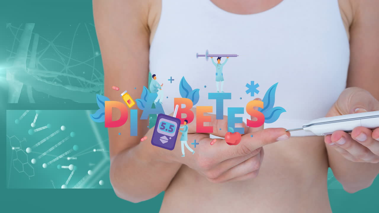 포도당 측정기를 사용하는 여성에 대한 당뇨병 텍스트의 애니메이션