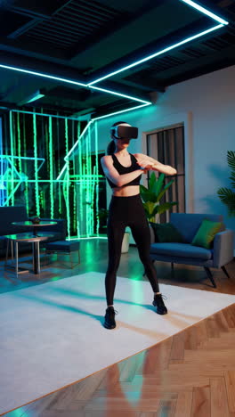 woman exercising with a vr headset in a neon-lit room