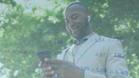 animation of financial data processing over african american man using smartphone