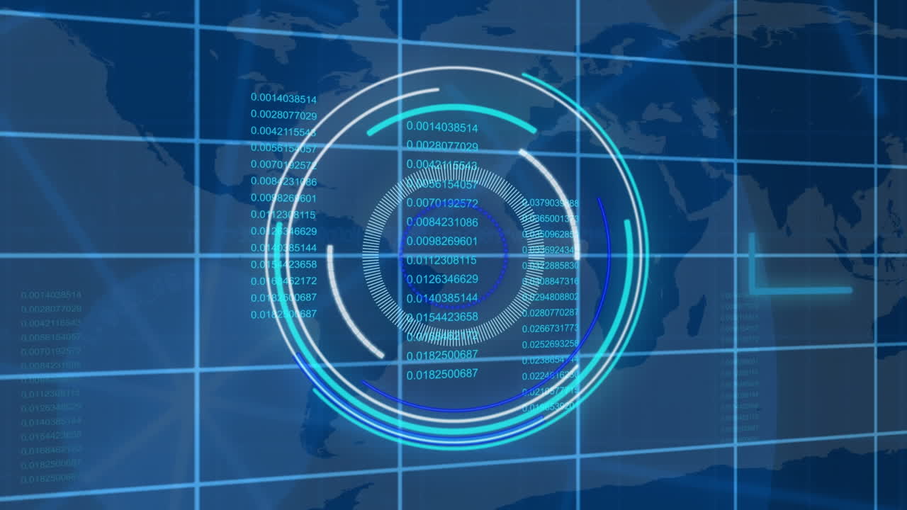 animación del procesamiento de datos financieros y el escaneo del alcance con un mapa del mundo sobre fondo azul