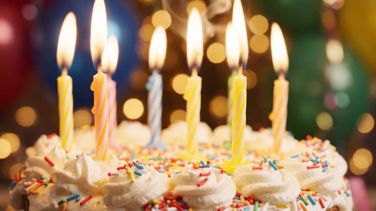 Una torta di compleanno splendidamente decorata con candele accese a una celebrazione festiva, circondata da palloncini colorati e decorazioni scintillanti.