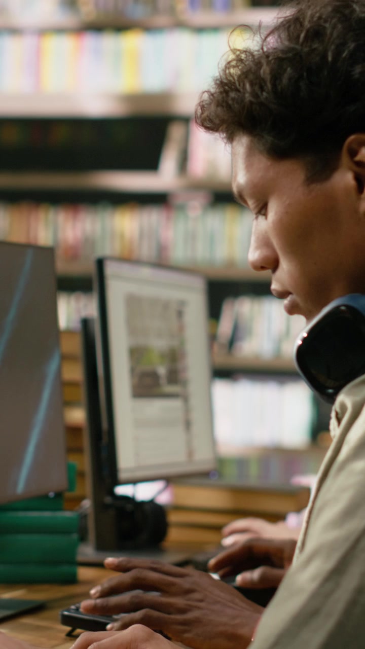 Vertical Video Asian Student Reading Open Book Beside Desktop Monitor And Keyboard