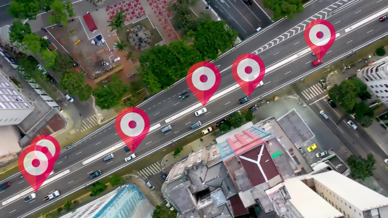 tráfico del paisaje urbano de sao paulo con icono de localización en la avenida