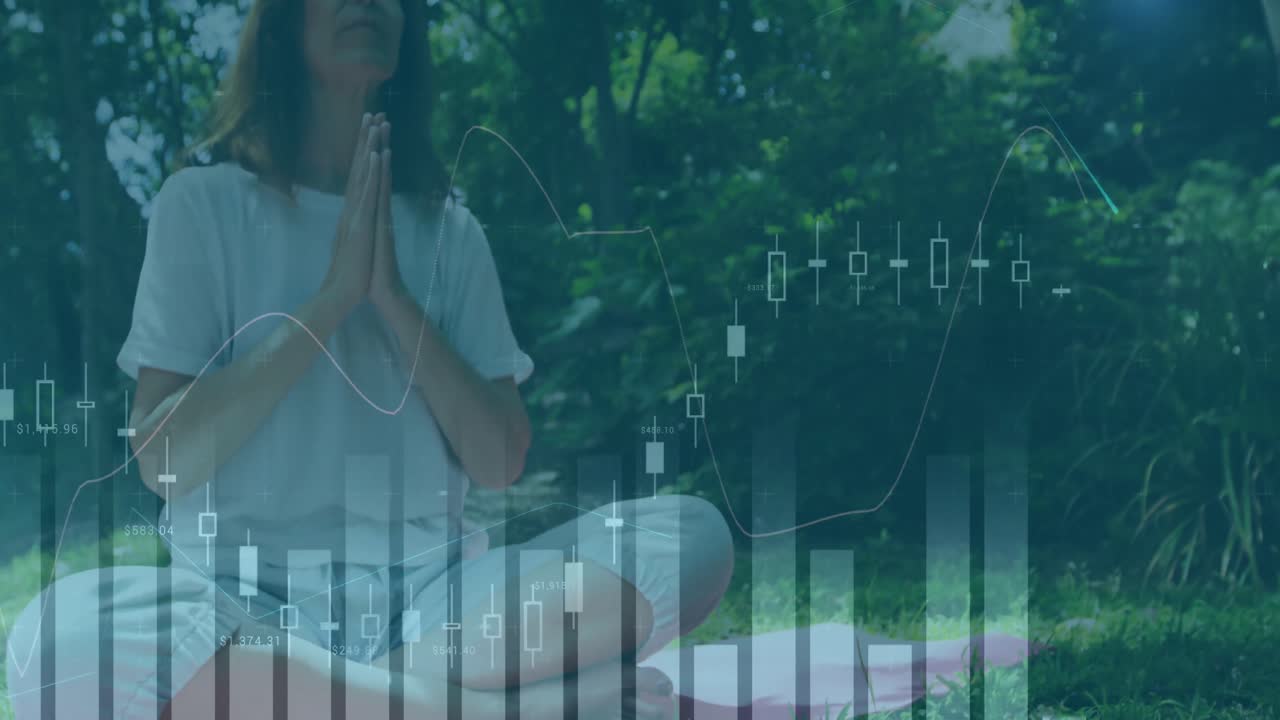 명상하는 백인 여성에 대한 그래프, 데이터 및 통계의 애니메이션