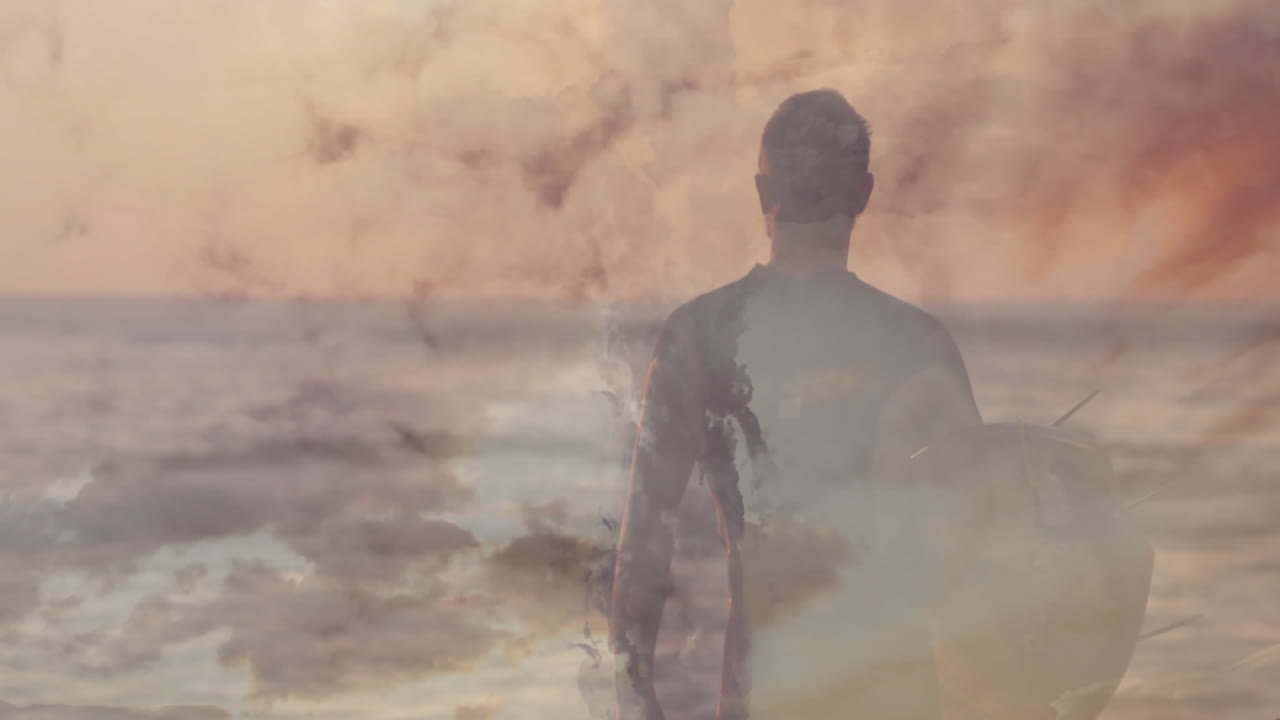 Male surfer standing at shoreline, showcasing travel ad with animated ocean wave chart overlays