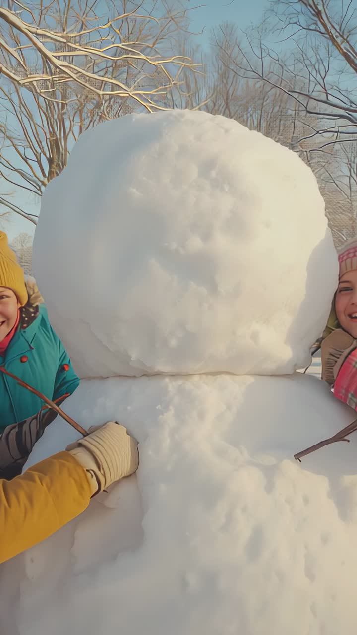 Vertical video: Grabbing twigs schoolgirls attaching arms to complete snowman in wooded clearing
