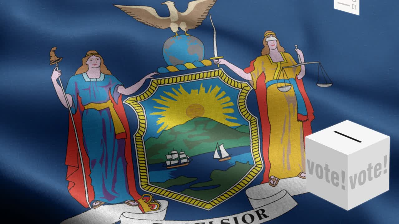 뉴욕 주 - 투표용지가 뉴욕 선택을 위해 상자에 날아갑니다 - 발 앞에 있는 투표용지 - 선거 - 투표 - 국가 발 뉴욕 주 파동 패턴 루프 가능한 요소 - 직물 질감과 끝없는 루프 - 뉴욕 주 루프 가능한 발