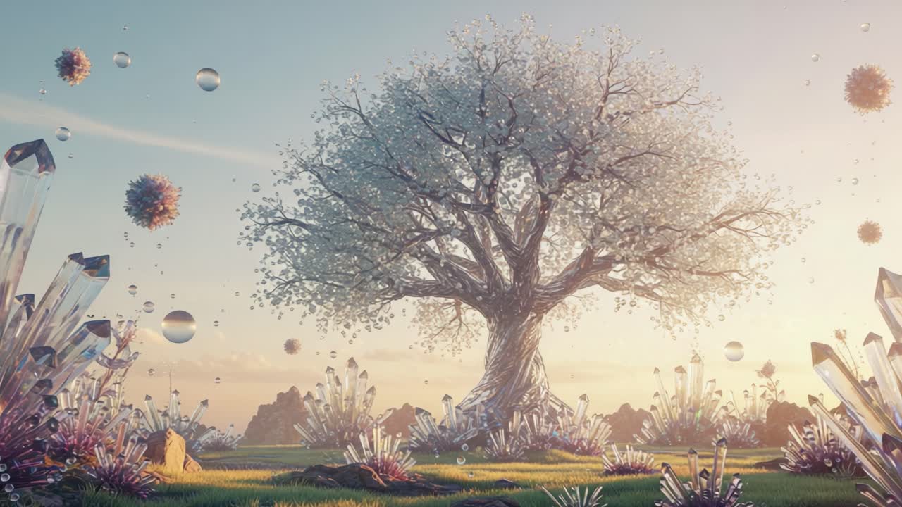tree,crystals,garden,float,nature,landscape,beauty,orbs,fantasy,art,scene,surreal,light,sparkle,environment,flora,glow,magical,dream,vibrant,ethereal,tranquil,outdoor,colorful,scenery,illusion,peaceful,elements,shine,luminescent,abstract,whimsical,soft,wonder,unique,radiant,inspire,imagination