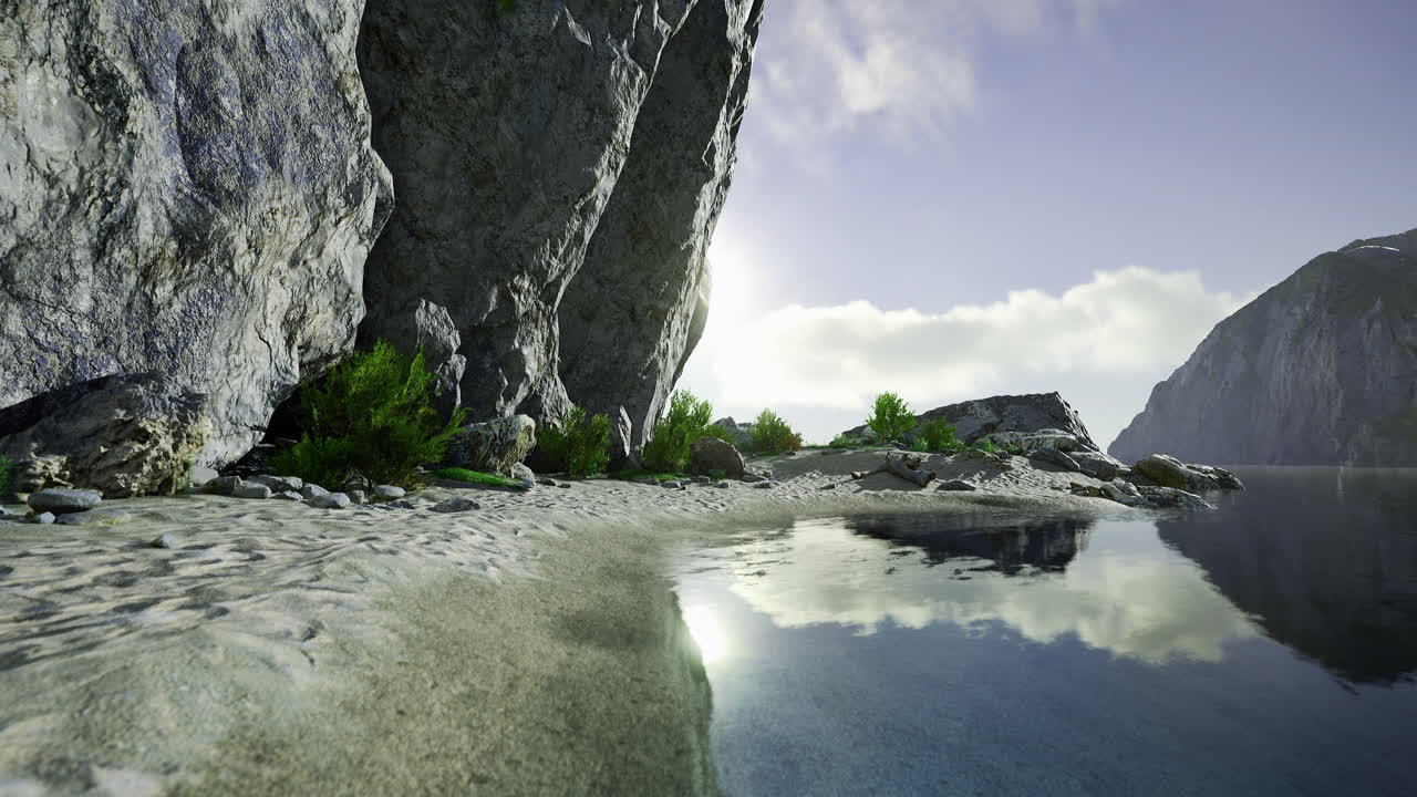 Serene coastal landscape with rocky cliffs and calm water in morning light