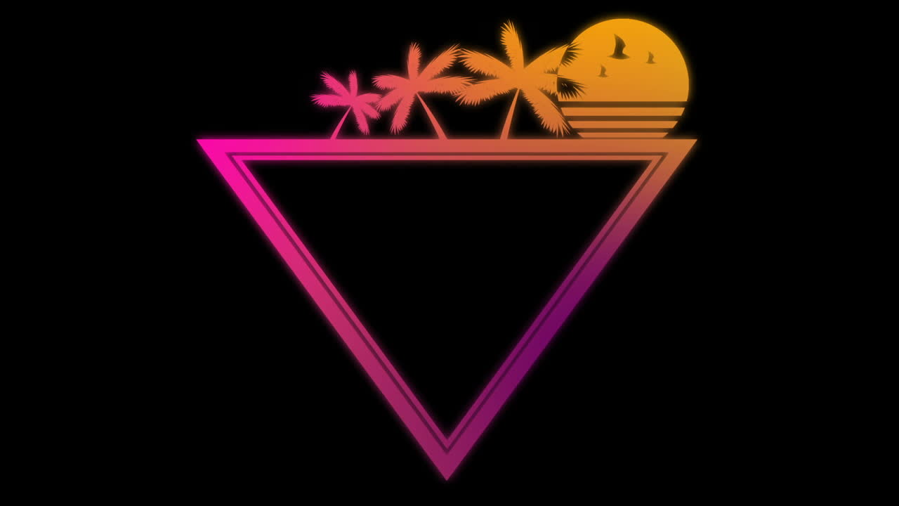 삼각형에 열대 나무와 해가 지는 것