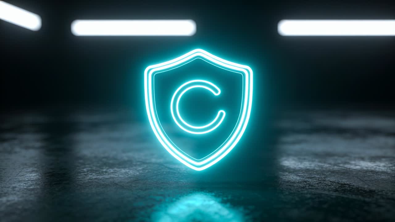 Pulsing cyan C shield brightening, adding inner outline for reveal on floor with three white bars