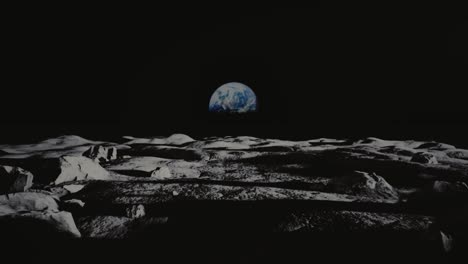 moon panorama and earth view from the moon surface. slow camera dolly in shot. apollo mission. cinematic shot. high quality 4k footage